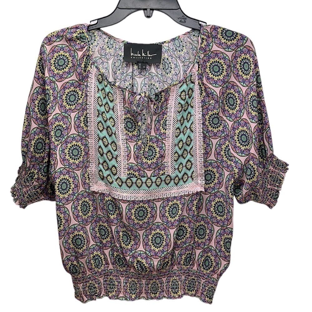 Nicole Miller Glassflower‎ Silk Blend Peasant Top Blouse Medium Puff Slee…